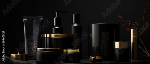 Mock up with luxury cosmetic products in dark color with soft light
