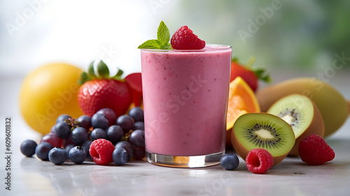 fruit smoothie with fruits around it