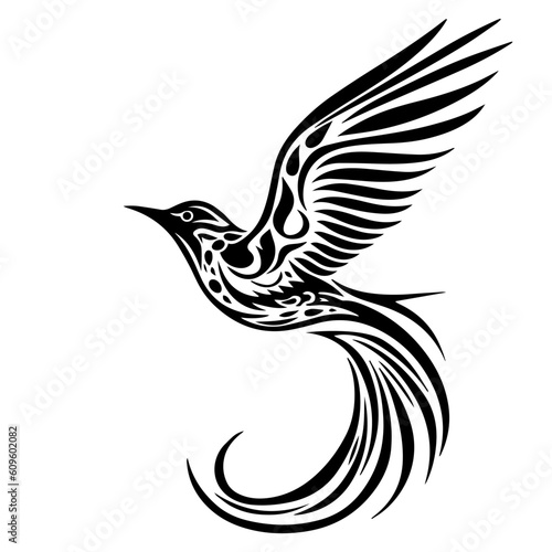 Tribal inspired flying bird tattoo illustration, showcasing elegance and grace. A symbol of liberation and spiritual connection to nature. Generative AI
