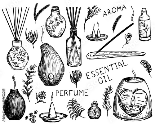 Home incense, aroma diffuser. Aromatherapy. Vector illustration. Outline set of diffuser vector icons for web design isolated on white background.
