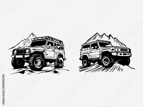 A unique hand drawn logo design featuring an off road car, capturing the spirit of exploration and off road adventures Generative AI