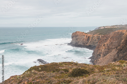 Portugal's western coastline of rocky cliffs and sandy beaches in the Odemira region. Wandering along the Fisherman trail on rainy days