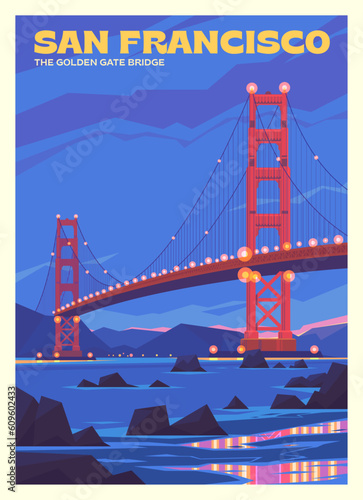 Vector premium travel poster. Evening View of the Golden Gate Bridge in San Francisco. San Francisco Bay. The state of California