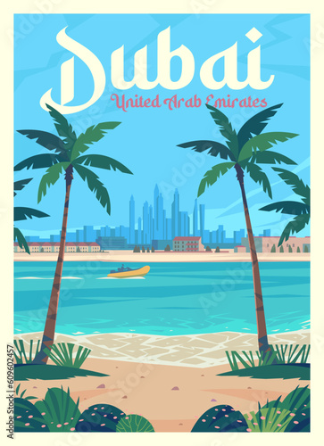 Vector premium travel poster. View of the beach in Dubai on a sunny day. The United Arab Emirates.