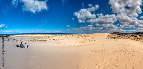 Panoramic view of the Dunas de Corralejo   Corralejo Dunes   a stunning white sand beach on Fuerteventura Island  Canary Islands  Spain