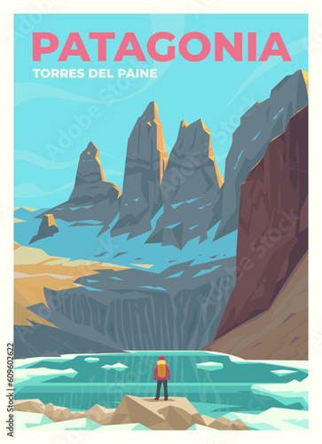 Vector premium travel poster. A man in a red jacket stands on the shore of a mountain lake in Torres Del Paine National Park. Chile.