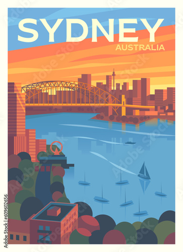 Vector premium travel poster. A beautiful evening view of Sidney Bay. Yachts, ships, Luna Park, Harbour Bridge. Port Jackson. Australia. photo