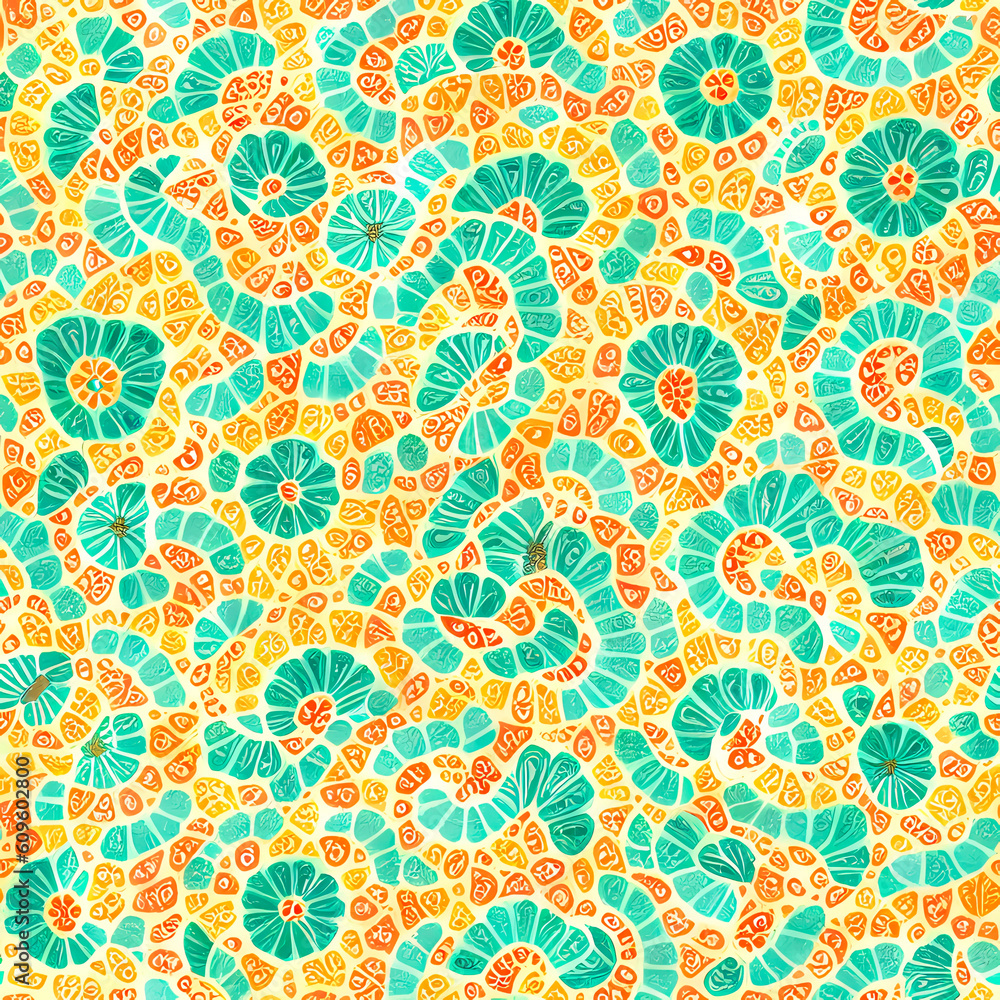 Vibrant Fusion: Dive into a Seamless Pattern of Yellow, Green, and Orange Shapes AI-generated