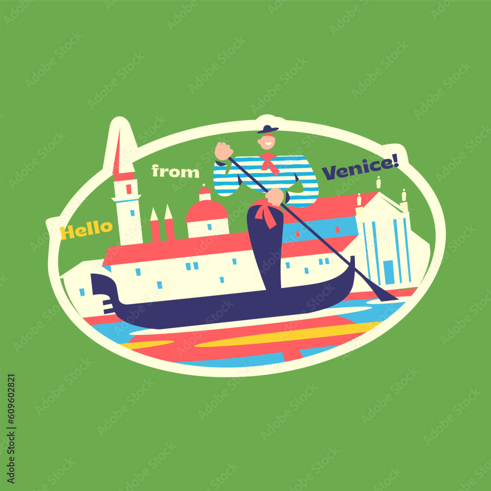 Travel Vector Retro Sticker, Pin, Stamp, Patch. Illustration concept. Trendy Cartoon style of 30s 40s. Around the World collection. A gondolier is sailing on a gondola. Venice.