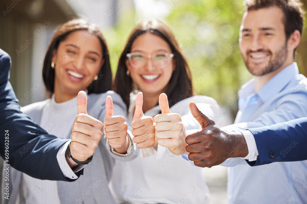Portrait, teamwork or thumbs up of business people outside in agreement for success growth in park. Diversity, motivation or happy employees in group collaboration with yes, like sign or thumb up Portrait, teamwork or thumbs up of business people outside in agreement for success growth in park. Diversity, motivation or happy employees in group collaboration with yes, like sign or thumb up