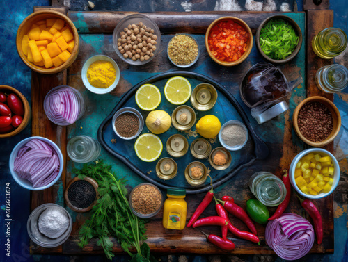 Fotobehang Eine schön arrangierte Salatschüssel, gefüllt mit einer Auswahl an frischem Gemü