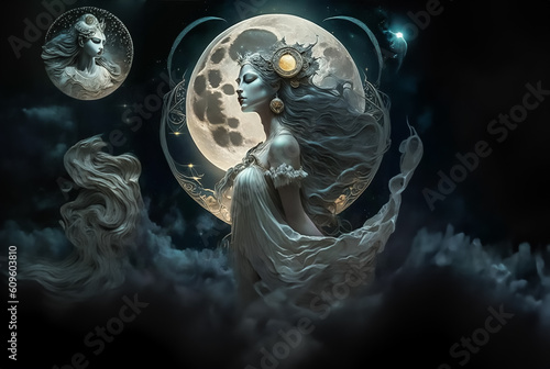 Mystical Goddess of Moon fantasy art. Generative AI, non-existent person