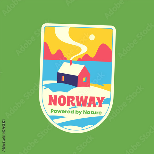 Travel Vector Retro Sticker, Pin, Stamp, Patch. Scandinavian landscape. A house on the background of fjords.