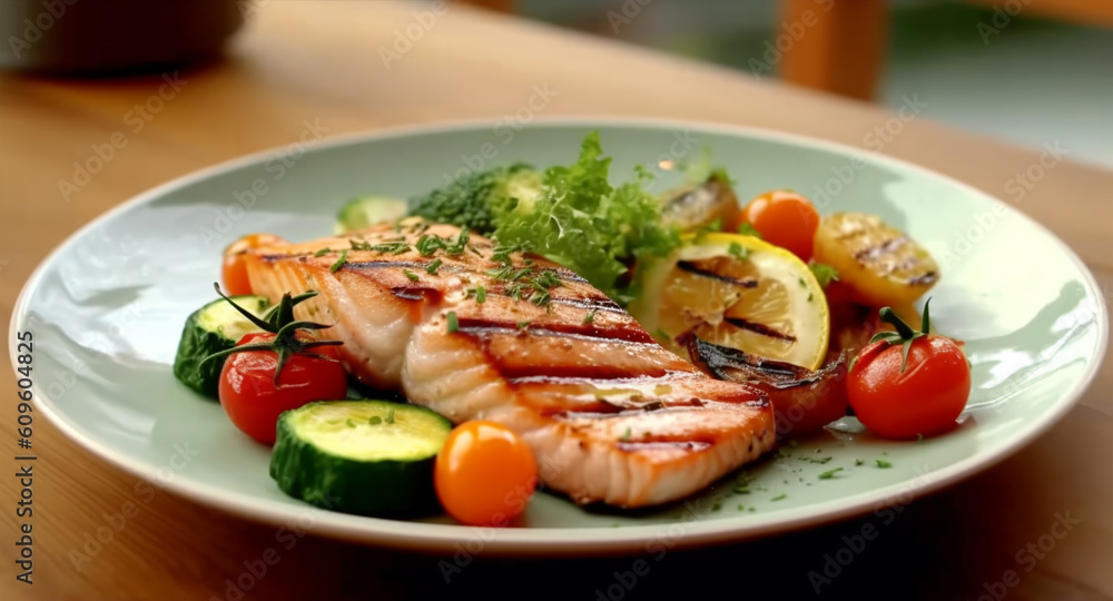 Salmon steak grill plate with vegetables on the table in restaurant background close-up Salmon steak grill plate with vegetables on the table in restaurant background close-up