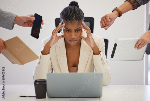 Business, stress and black woman with a laptop, multitasking and anxiety with deadline, burnout and headache. Female person, employee and consultant with a pc, frustrated and professional with chaos photo