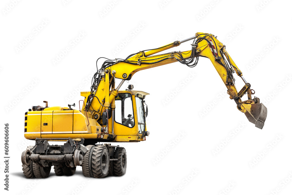 Wheeled excavator isolated on white background. Powerful excavator with an extended bucket close-up. An excavator that can run on rails. element for design. Wheeled excavator isolated on white background. Powerful excavator with an extended bucket close-up. An excavator that can run on rails. element for design.