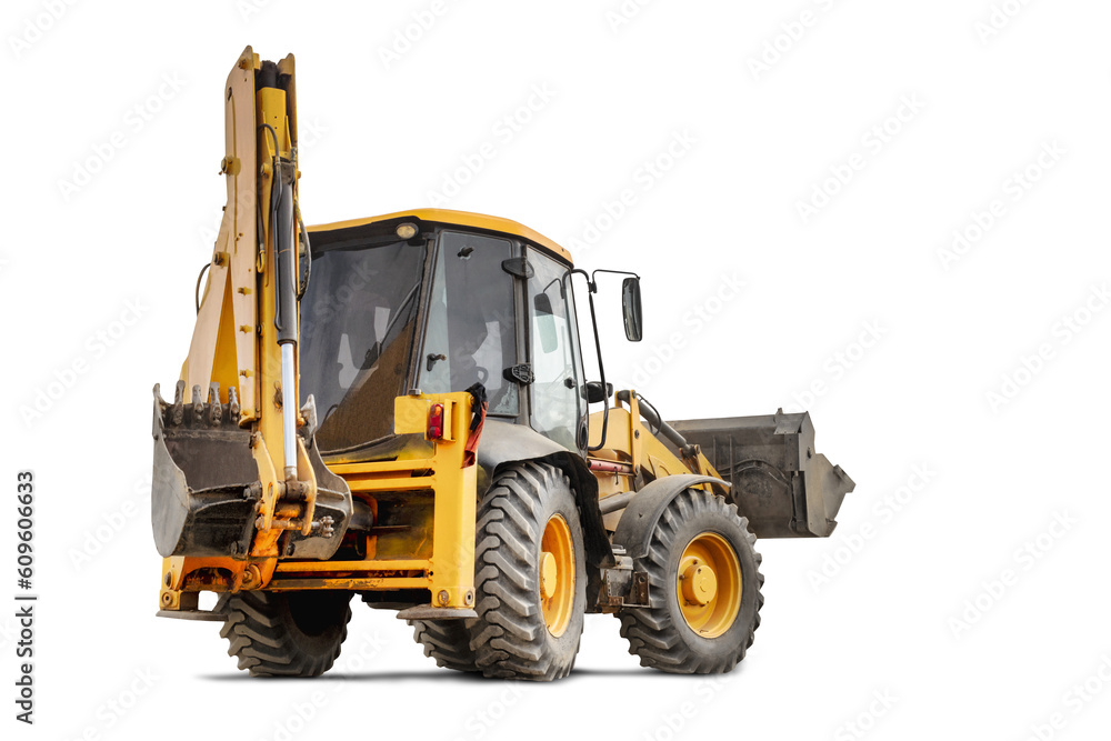 Large wheeled excavator loader or bulldozer on a white isolated background with a bucket raised up. Universal construction equipment. Rental of construction equipment. Contract for construction work. Large wheeled excavator loader or bulldozer on a white isolated background with a bucket raised up. Universal construction equipment. Rental of construction equipment. Contract for construction work.