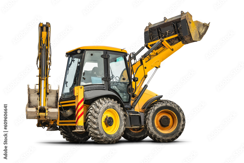 Large wheeled excavator loader or bulldozer on a white isolated background with a bucket raised up. Universal construction equipment. Rental of construction equipment. Contract for construction work.