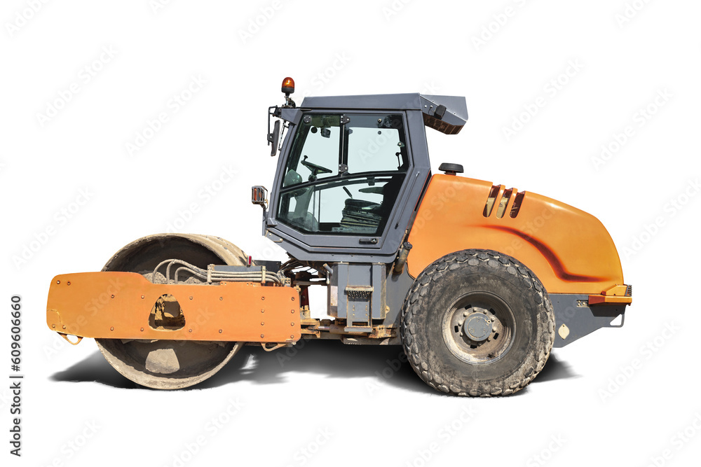 Heavy-duty vibratory roller for asphalt paving on white isolated background. Road construction equipment. Image of a road roller for design. Heavy-duty vibratory roller for asphalt paving on white isolated background. Road construction equipment. Image of a road roller for design.