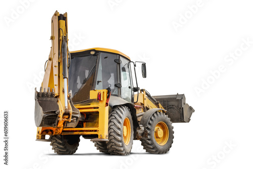 Large wheeled excavator loader or bulldozer on a white isolated background with a bucket raised up. Universal construction equipment. Rental of construction equipment. Contract for construction work.