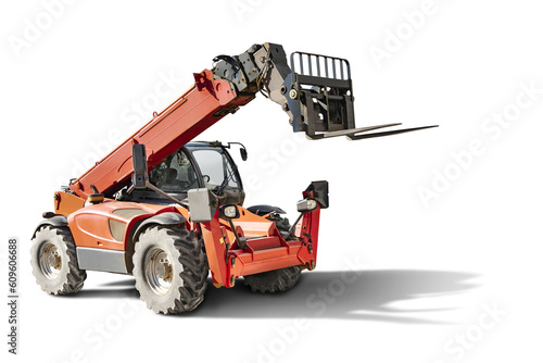Powerful wheel forklift with telescopic mast on a white isolated background. Construction equipment for lifting and moving loads. Forklift.