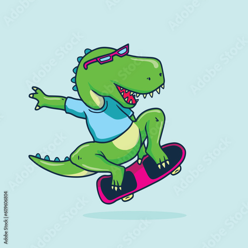 Dinosaur skateboard vector print. Fun t-shirt design for kids.Cute Dinosaur character design. 