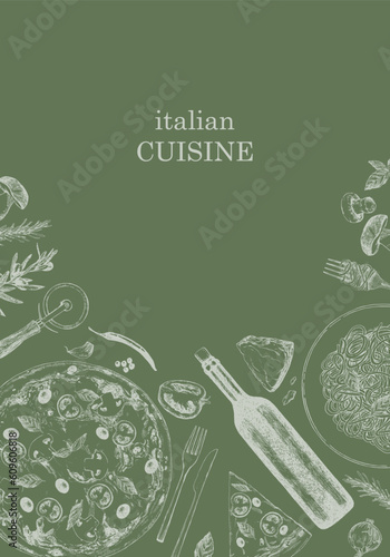 Wallpaper Mural Traditional Italian cuisine. Hand-drawn illustration of Italian traditional dishes and products. Ink. Vector Torontodigital.ca