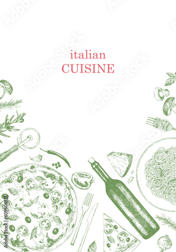 Wallpaper Mural Traditional Italian cuisine. Hand-drawn illustration of Italian traditional dishes and products. Ink. Vector Torontodigital.ca
