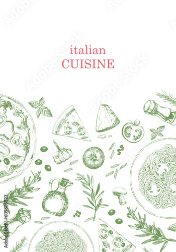 Wallpaper Mural Traditional Italian cuisine. Hand-drawn illustration of Italian traditional dishes and products. Ink. Vector Torontodigital.ca