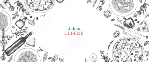 Traditional Italian cuisine. Hand-drawn illustration of Italian traditional dishes and products. Ink. Vector