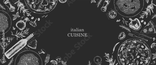 Traditional Italian cuisine. Hand-drawn illustration of Italian traditional dishes and products. Ink. Vector