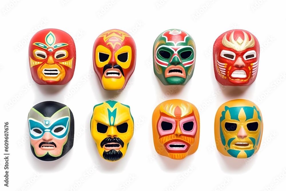 Lucha libre, set of luchador mexican wrestling masks icons. Generative Ai.