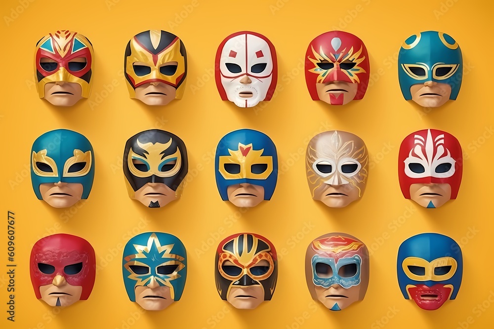Lucha libre, set of luchador mexican wrestling masks icons. Generative Ai. Lucha libre, set of luchador mexican wrestling masks icons. Generative Ai.