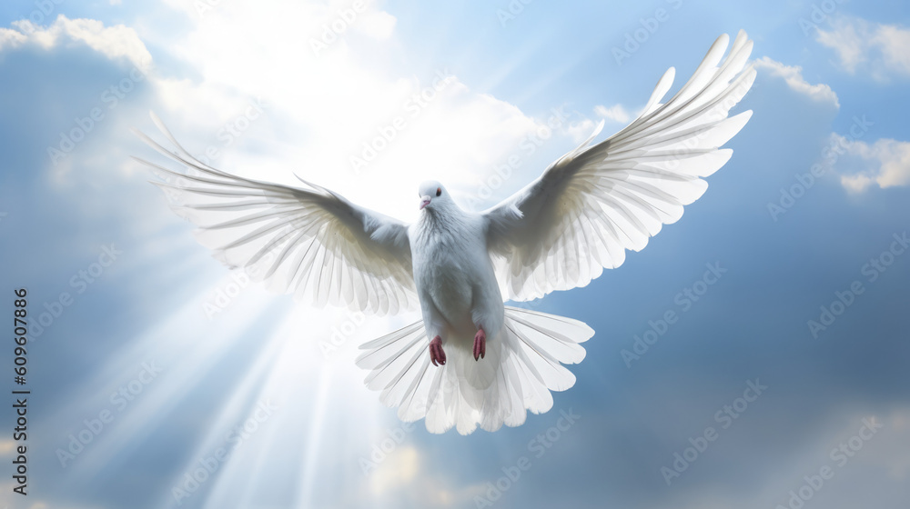Closeup of Clean White Dove Flying in the Bright Blue Sky. Symbolizes Purity, Peace, Cleanliness, Innocence, and The Holy Spirit. Closeup of Clean White Dove Flying in the Bright Blue Sky. Symbolizes Purity, Peace, Cleanliness, Innocence, and The Holy Spirit.