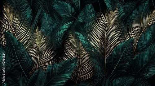 Green and gold tropical leaves on the green background. Generative AI