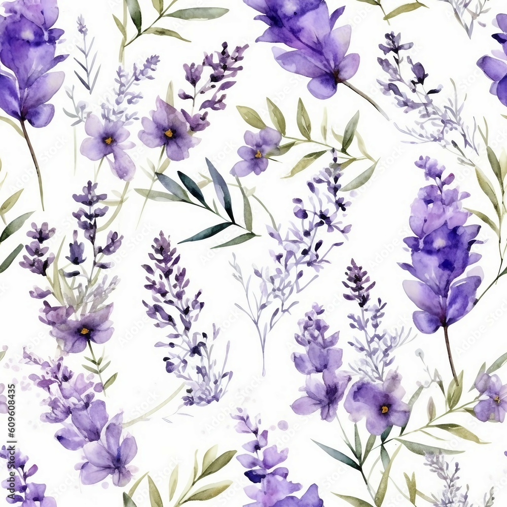 Fototapeta premium Seamless background of tender watercolor lavender on white, ai generated
