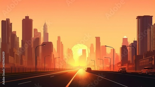 Empty road leading to sunset in a large city street with skyscrapers, ai generated © mashimara