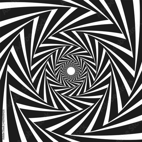 Abstract optical illusion. Hypnotic spiral tunnel with black and white lines. Vector illustration.