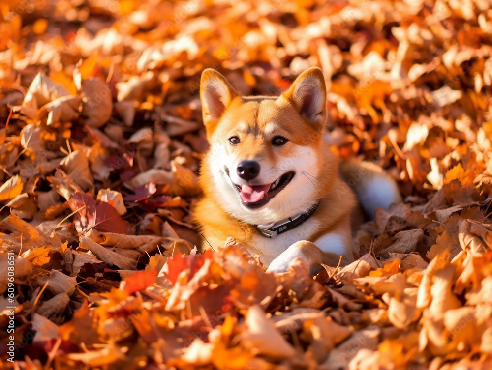 happy dog sits in a pile of fallen autumn leaves happy dog sits in a pile of fallen autumn leaves