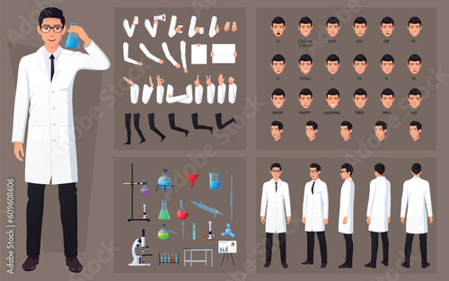 Scientist, Chemist, character Creation Set with Man wearing White Lab Coat, Laboratory Equipment, gestures and Face Expressions front side back view