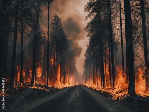 forest fire in a coniferous forest, the road passes through a burning forest © Yuliia