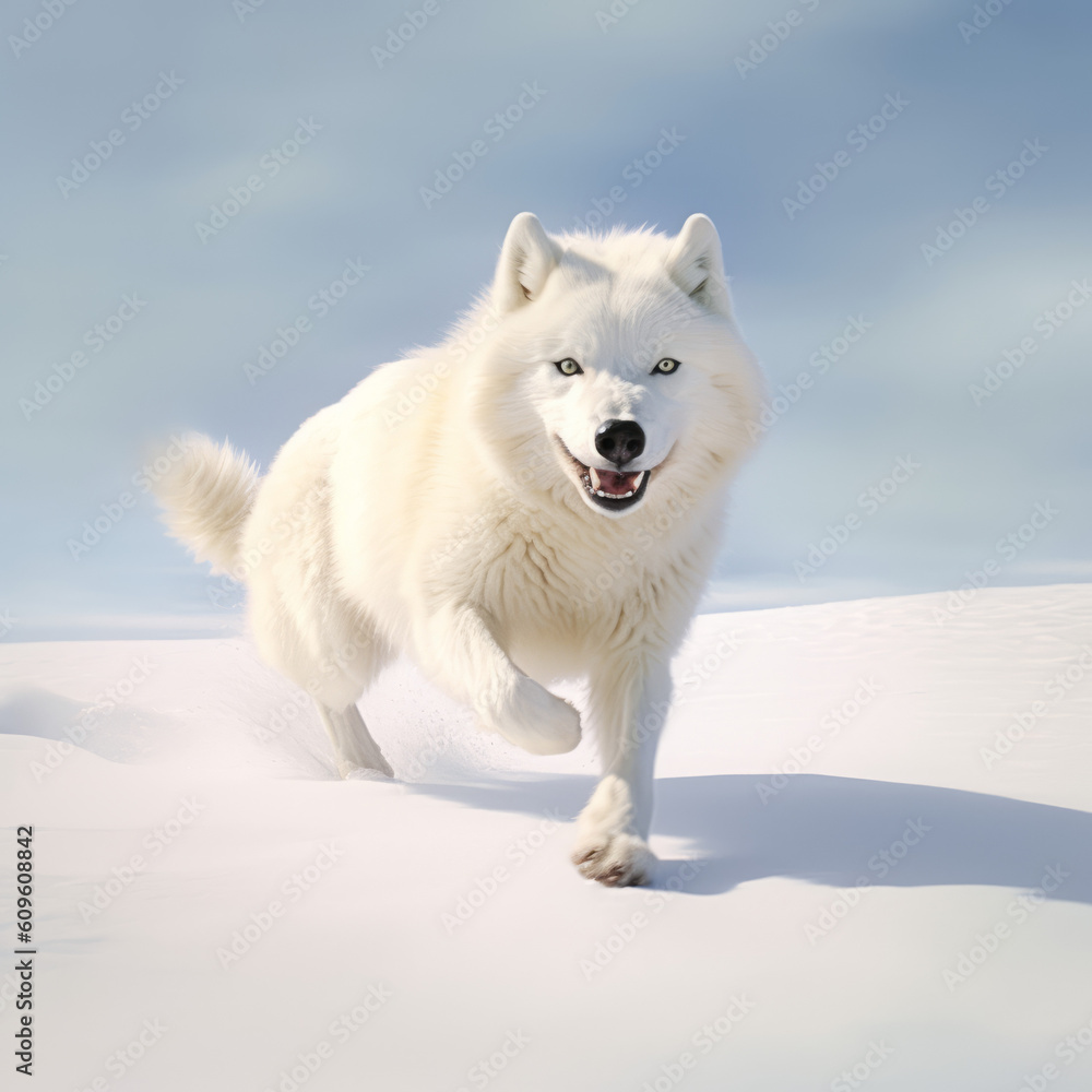 Polarwolf sprintet in freier Wildbahn sprintet in der arktischen Tundra Polarwolf sprintet in freier Wildbahn sprintet in der arktischen Tundra