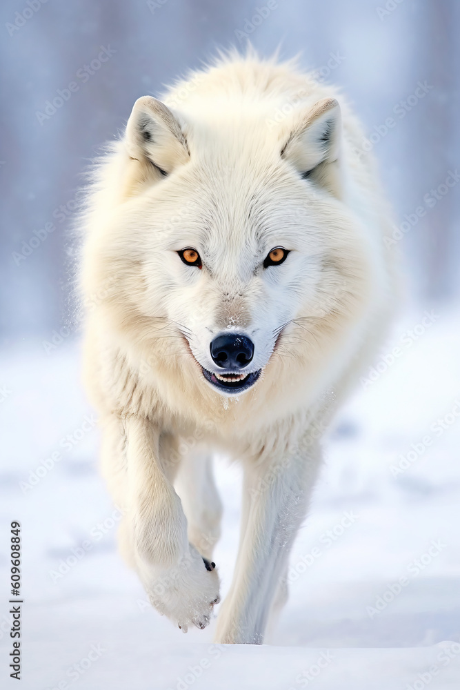 Polarwolf sprintet in freier Wildbahn sprintet in der arktischen Tundra