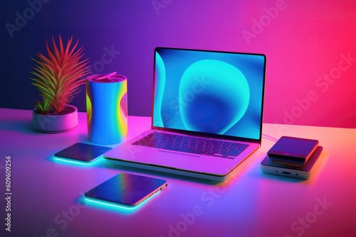 Yellow, green, pink and blue neon colored room with working table and various technology gadgets. Lap top, computer, screen, phone, keyboard, speakers, light. Home office. Generated AI.