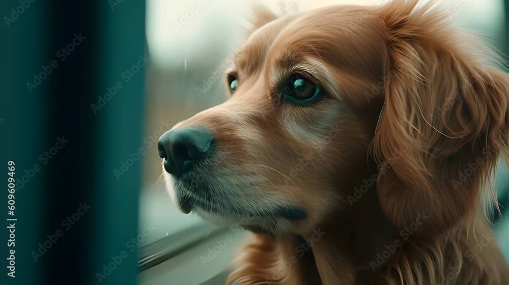 dog looking out the window panting, in the style of light maroon and cyan
