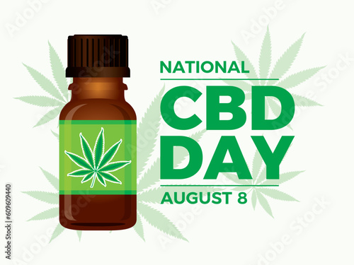 National CBD Day banner vector illustration. CBD oil in a brown glass bottle with green hemp leaf icon vector. Cannabis oil vial illustration. August 8 every year. Important day