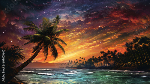 New retro wave artwork with palm tree sunset and star. beautiful sky color © Aura