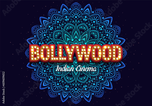 Bollywood indian cinema. Movie banner or poster with ornament. Vector illustration.