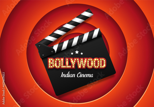 Bollywood indian cinema. Movie banner or poster with clapperboard. Vector illustration.