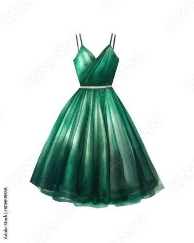 Dark green female dress isolated on white background in watercolor style. Generative AI.
